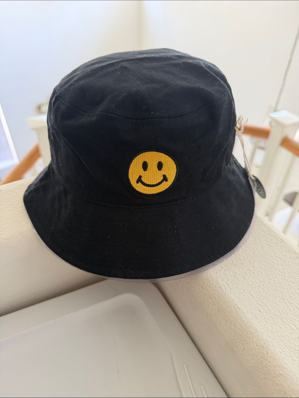 NWT Panama Jack Black Bucket Hat with Yellow Smiley Patch•UPF 50•Unisex
